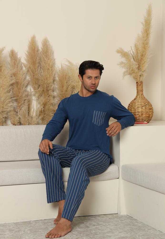 Pijama Barbati ,Maneca si Pantaloni Lungi, Culoare Albastru cu Alb,Engros